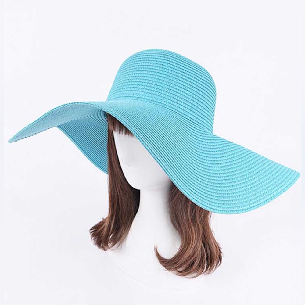 Turquoise Wide Brim Straw Floppy Hat